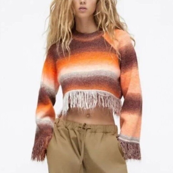 Zara NWT Fringed Cropped Striped Pullover Long Sleeve Sweater Orange - Picture 2 of 9